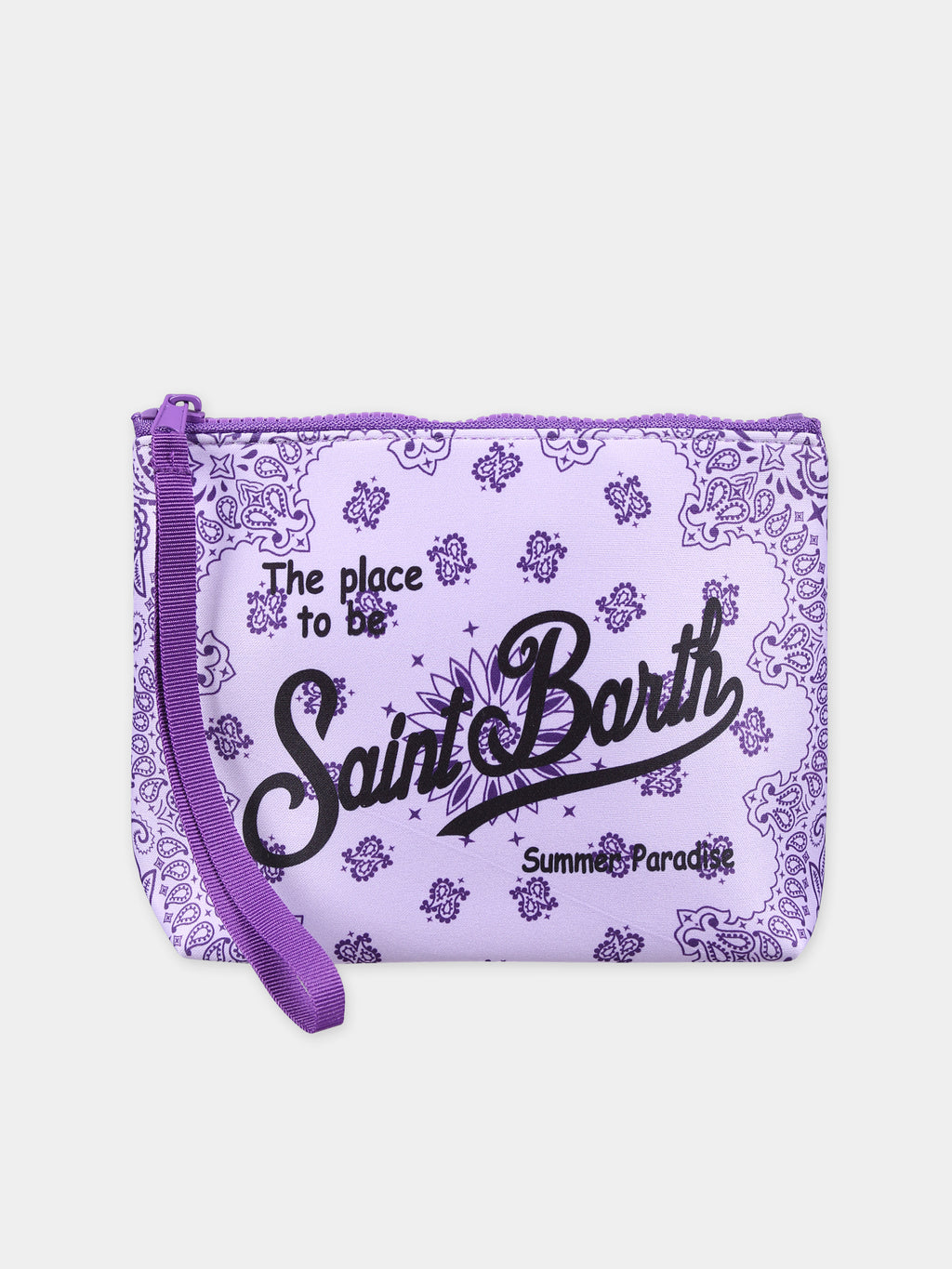 Purple clutch bag for girl with paisley print and logo